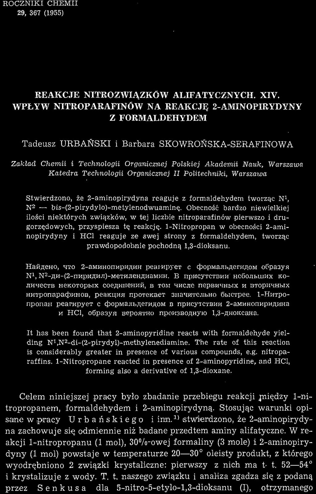 ROCZNIKI CHEMII 29, 367 (1955) REAKCJE NITROZWIĄZKÓW ALIFATYCZNYCH. XIV.