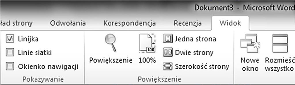 Nad paskiem narzędzi znajdują się zakładki / karty: Każda karta zawiera kilka grup poleceń, w których znajdują się pokrewne elementy.