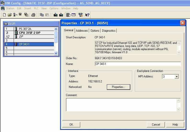 konfigurację sprzętową. Podłączamy sterownik CPU 315-2DP do utworzonej sieci Ethernet(1), wykorzystując procesor komunikacyjny CP343-1.