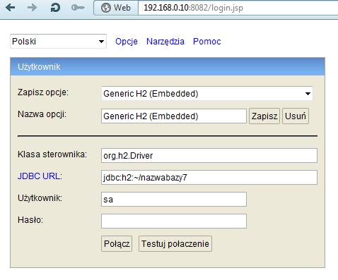 H2 umożliwia łączenie się z bazą z panelu kontrolnego z poziomu przeglądarki Wystarczy po instalacji odpalić program H2 Console,