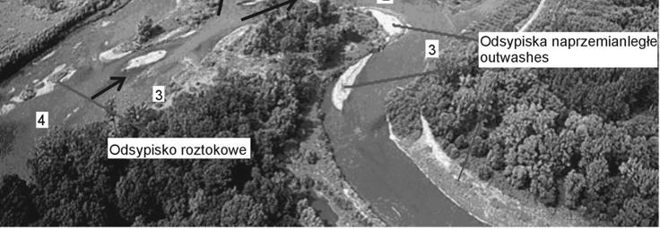 Nieznański): 1 old riverbed, 2 new riverbed, 3 eroded banks, 4 armourng bed, 5 natural threshold Celem badań jest scharakteryzowanie materiału tworzącego koryto Odry w rejonie Meandra nr I oraz ocena