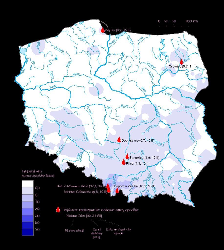 3. Rozkład tygodniowej sumy opadów oraz wybrane maksymalne