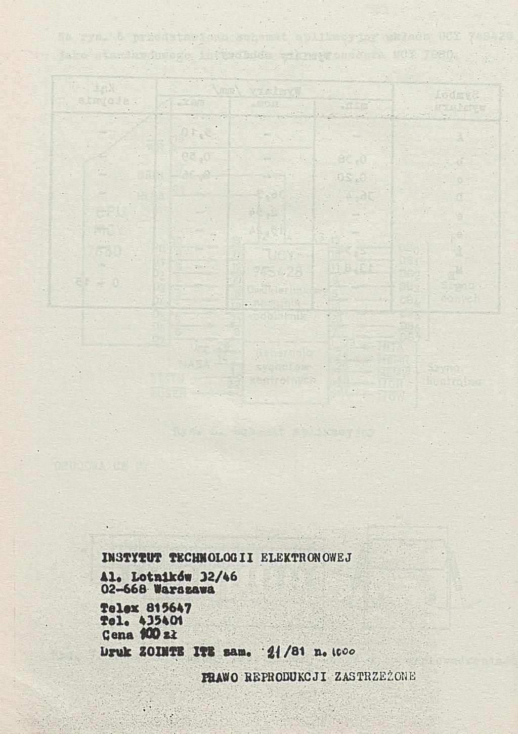 INSTYTUT TECHNOLOGII ELEKTRONOWEJ I U Lotalkdw 32/46 02*668 lara&awa Tel«x 819647 U U