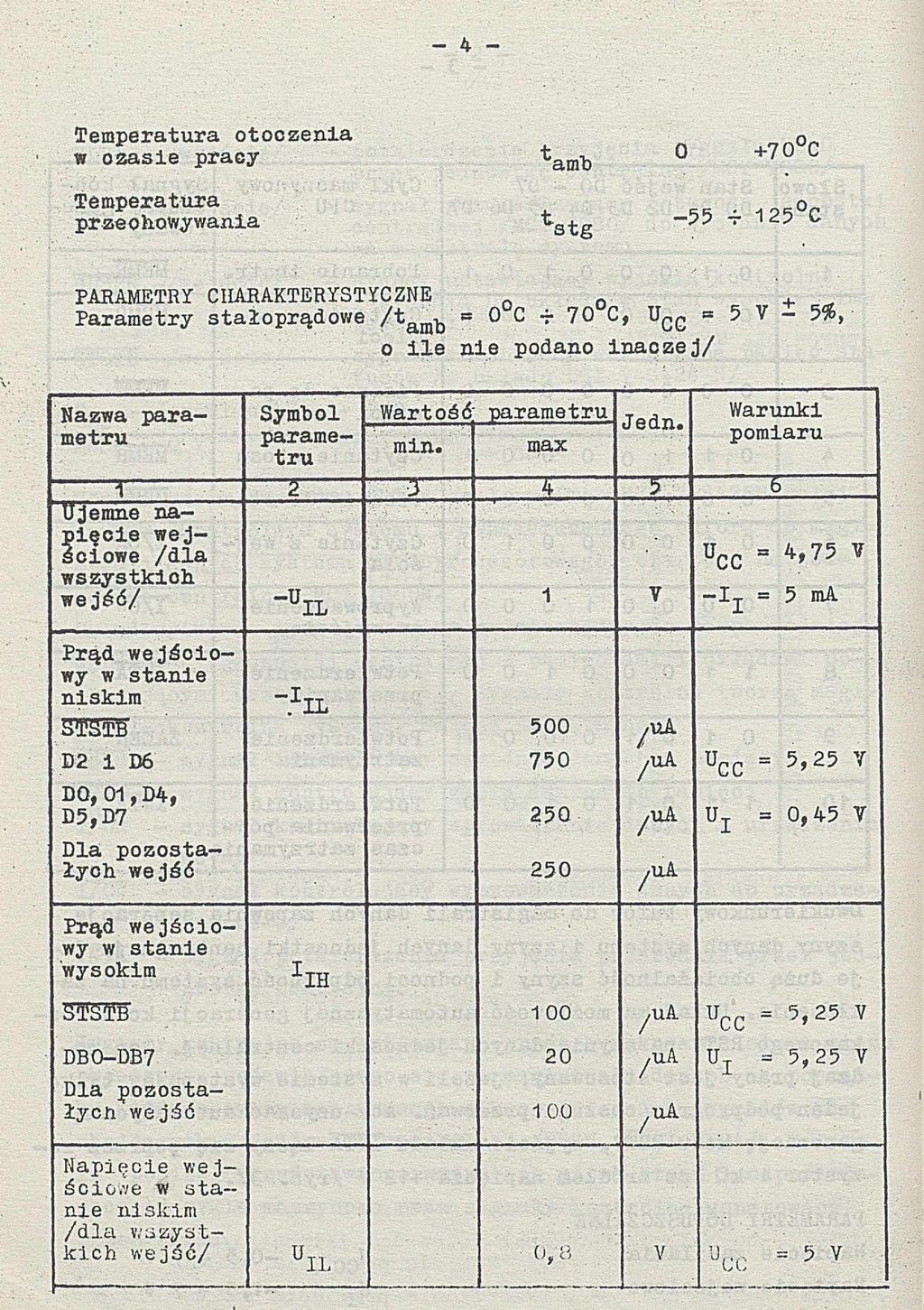 - 4 - Temperatura otoczenia w ozasie praey ^amb O Temperatura przeohowywania ^stg -55 -í- 125 C +70 C PARAMETRY CHARAKTERYSTYCZNE o o + Parametry stałoprądowe 53 0 C ~ 70 C, Uęę = 5-5%, o ile nie