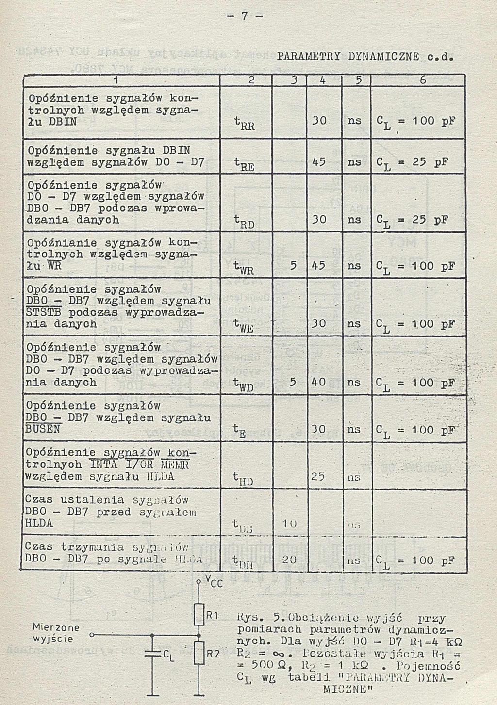 - 7 - Opóźnienie sygnałów kontrolnych względem sygnału DBIN PARAMETRY DYNAMICZNE o.d. 1... 2 ' 3 4 5... - Z.