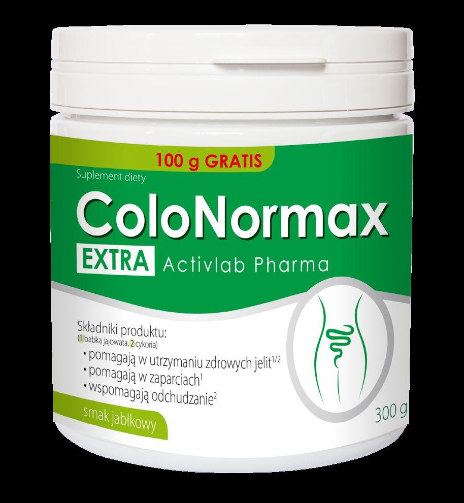 ColoNormax EXTRA 300 g Reguluje pracę jelit, zapobiega zaparciom, oczyszcza jelita i cały organizm Dzienna porcja 10 g Łupina nasienna babki jajowatej 5,00 g (Plantago ovata) Inulina z cykorii