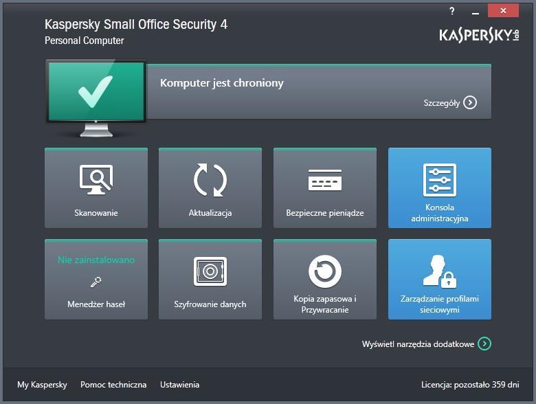 K A S P E R S K Y S M A L L O F F I C E S E C U R I T Y Główne komponenty aplikacji są dostępne z poziomu okna głównego (patrz rysunek).
