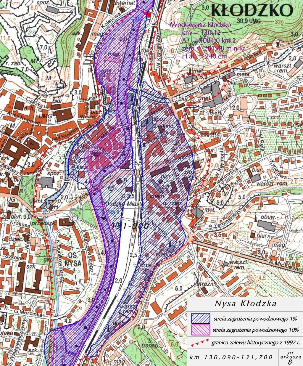 Elevation (m) Pierwsza poprawnie wyznaczona (1999-2000) strefa zagrożenia powodziowego miasto Kłodzko Kalibracja wg zasięgu powodzi z 1997 roku Realizacja: zespoły E.Nachlik i S.