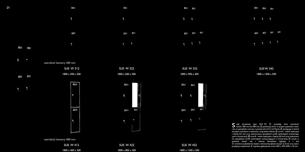 i 1 sus w 432 ; S zafy skrytkowe typu SUS W: CD posiadają dwie szerokości komór 300 mm lub 400 mm,~ perforacja drzwi w postaci systemów otworów ze specjalnym wzorem o powierzchni 27,5 cm 2