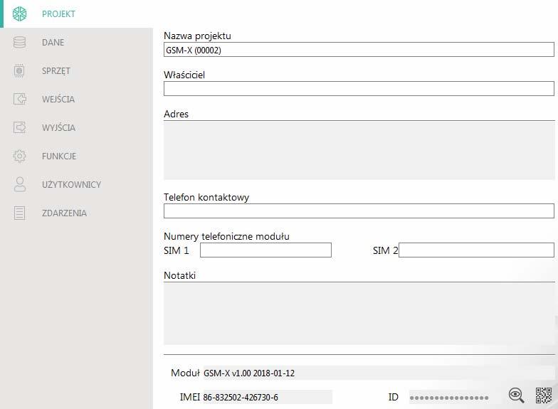 24 GSM-X SATEL 1. Otwórz plik z danymi modułu (plik z ustawieniami domyślnymi (zakładka Nowy projekt ) albo plik zapisany na dysku komputera (zakładka Projekty )). 2.