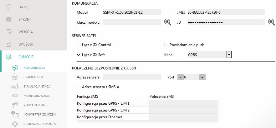 SATEL GSM-X 33 7.8 Komunikacja Rys. 30. Zakładka Komunikacja. Moduł typ i wersja oprogramowania modułu. Klucz modułu ciąg znaków służący do identyfikacji modułu.