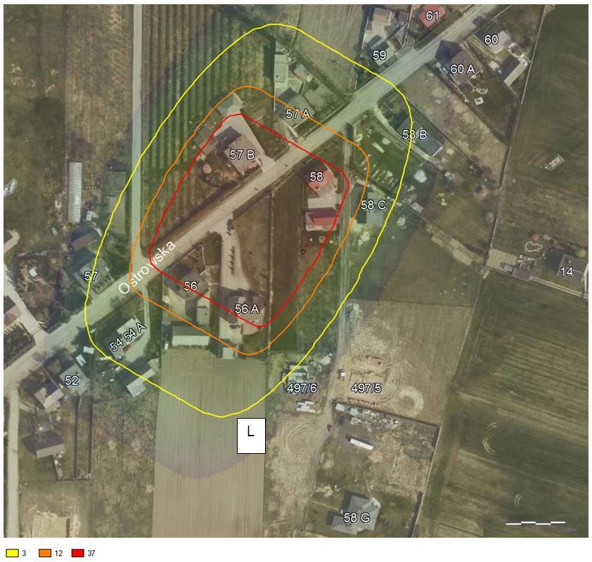 Dodatkowo zmiany zasięgów przedstawiono w funkcji czasu, tj. dla wartości 1, 5, 10, 15, 60, 120, min od momentu zapłonu chmury gazu.