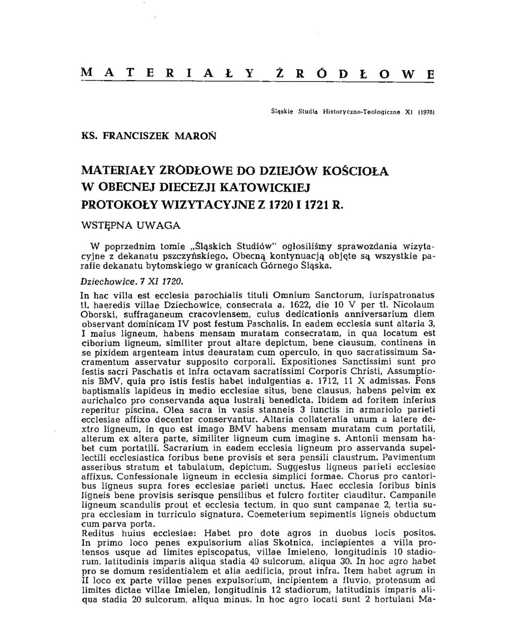 M A T E R I A Ł Y Ź R Ó D Ł O W E Śląskie Studia Historyczno-Teologiczne XI (1978) ks.