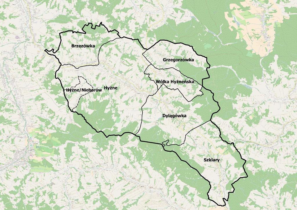 Rysunek 5. Granice gminy Źródło: Opracowanie własne 2.2. Przestrzeń publiczna W gminie Hyżne zlokalizowanych było 18 przestrzeni publicznych.