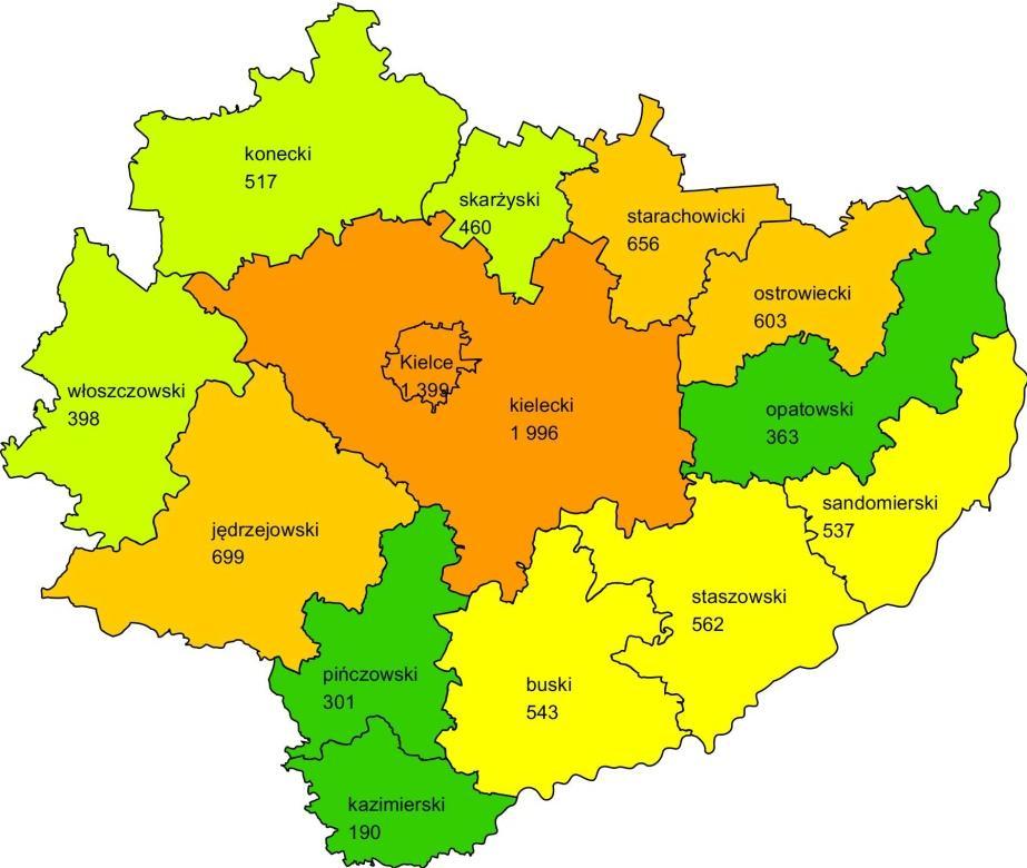 Mapa 26. Jednorazowa zapomoga z tytułu urodzenia dziecka - liczba świadczeń w 2017 roku wg powiatów regionu świętokrzyskiego.