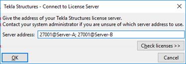 Można również skonfigurować Tekla Structures do szukania licencji na kilku serwerach: 1. W Tekla Structures otwórz model i kliknij Plik --> Ustawienia --> Zmień serwer licencji. 2.