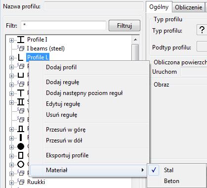 3. Aby powiązać profile ze stalą, kliknij prawym przyciskiem myszy i wybierz Materiał --> Stal. Symbol zaznaczenia obok opcji Stal wskazuje, że profile są dostępne dla elementów stalowych. 4.