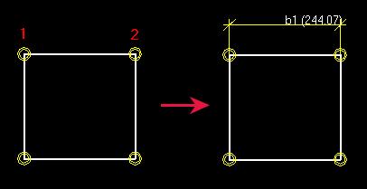 3. Wskaż punkt, aby wyznaczyć punkt końcowy wymiaru (2). 4. Wskaż punkt, który będzie określał położenie linii wymiarowych i tekstu.