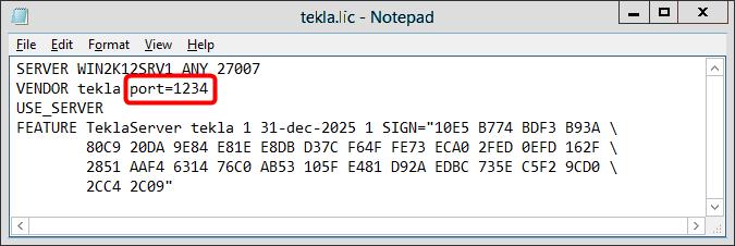 Określenie numeru portu TCP/IP w wierszu VENDOR może spowodować wydłużenie czasu ponownego uruchamiania usługi Tekla Structures Licensing Service. 5. Zapisz zmiany i zamknij plik tekla.lic. 6.
