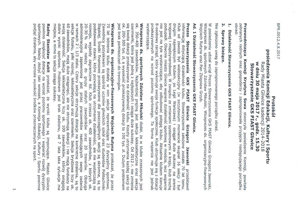 ' BPR.0o12.4.8.2o17 Protokół posiedzenia Komisji Edukacji, Kultury i Sportu Rady Miasta Gliwice kadencji 2014-2018 w dniu 30 maja 2017 r., godz. 15.