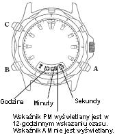 Naciskać przycisk B, aby przejść do trybu Czas 2. Naciskać przycisk C przez 2 do 3 sekund, aby wyświetlić ekran ustawień Czasu (wskazanie sekund zacznie migać). 3. Wybór pozycji następuje poprzez naciskanie przycisku C wg poniższej kolejności (aktywna pozycja miga) 4.