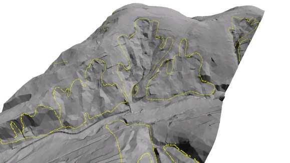 Parametry osuwiska na podstawie NMT (zgodnie z zaleceniami SOPO) Powierzchnia: 15,6530 ha Długość: : 675 m Szerokość ść: : 430 m Minimalna wysokość bezwzględna: 349 m n.p.m Maksymalna wysokość bezwzględna 434 m.