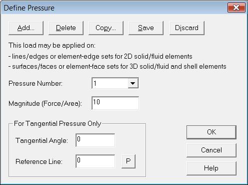 rys 19 W oknie Define Pressure nacisnąć przycisk Add a następnie do pola Magnitude wprowadzić liczbę 10 -wartość założonego ciśnienia (rys20) i nacisnąć OK.