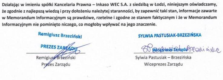 3 Osoby odpowiedzialne za informacje zawarte w Memorandum 3.1 Emitent Tabela 3 Podstawowe dane o Emitencie Firma: Kancelaria Prawna Inkaso WEC S.A.