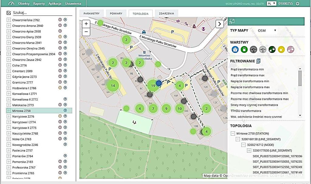 DMS - monitoring sieci nn i stacji SN/nn Wizualizacja sieci nn na podkładzie mapowym Informacje o odbiorcach przyłączonych do sieci