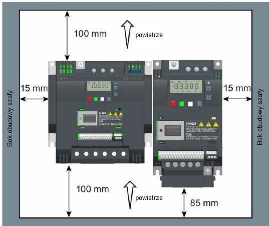 Montaż mechaniczny Pozycja i odstępy montażowe 3Montaż mechaniczny 31 Pozycja i odstępy montażowe Przekształtnik musi zostać zamontowany w obudowie elektrycznej lub w szafie sterowniczej Pozycja