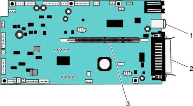 1 Port USB 2 Złącze równoległe 3 Złącze karty pamięci Instalacja karty pamięci UWAGA NIEBEZPIECZEŃSTWO PORAŻENIA PRĄDEM: Jeśli po zainstalowaniu samej drukarki konieczne będzie odsłonięcie płyty