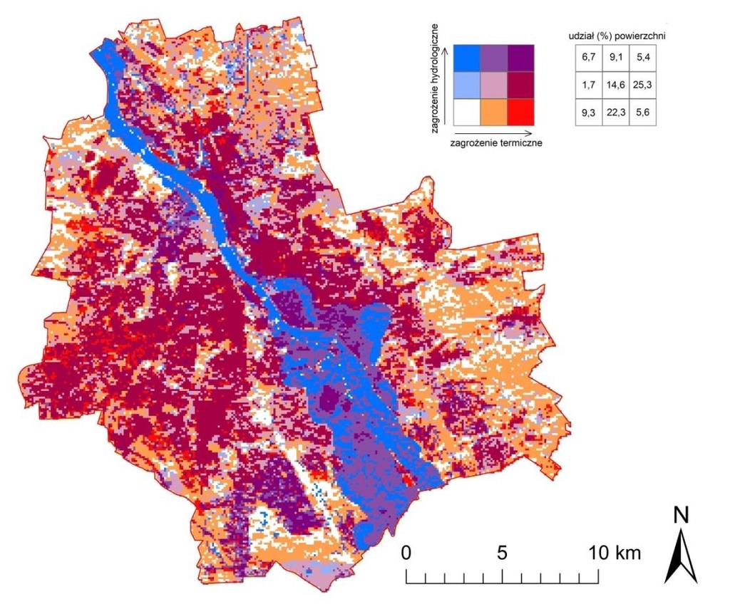 Mapa Klimatyczna Warszawy współczesne zagrożenia klimatyczne Połączenie mapy zagrożeń termicznych oraz dwóch map zagrożeń hydrologicznych: mapy zagrożeń podtopieniami oraz mapy zagrożeń powodziowych.