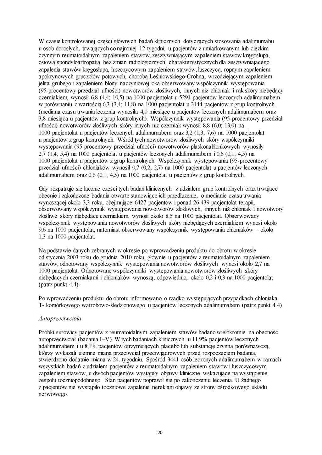 W czasie kontrolowanej części głównych badań klinicznych dotyczących stosowania adalimumabu u osób dorosłych, trwających co najmniej 12 tygodni, u pacjentów z umiarkowanym lub ciężkim czynnym