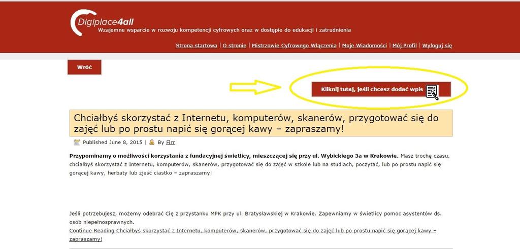 3. Aby dodać wpis, wybieramy odpowiadającą nam tematykę, np.: informację o ciekawym szkoleniu podnoszącym kwalifikację umieszczamy pod kategorią Edukacja/Szkolenia umiejętności cyfrowych.