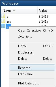 16 Metody komputerowe w obliczeniach inżynierskich W oknie Workspace można zmienić nazwę zmiennej, zmienić wartość tej zmiennej, usunąć zmienną z przestrzeni roboczej programu lub utworzyć w