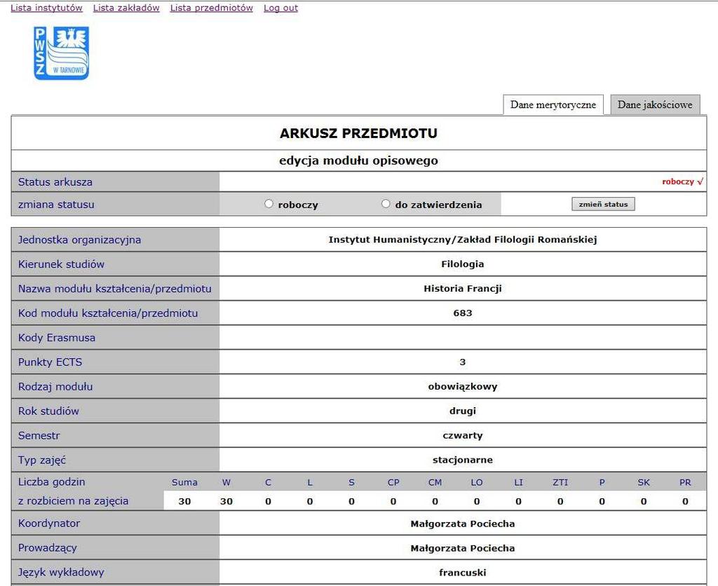 4. Wprowadzanie sylabusa. W przypadku braku sylabusa przedmiotu w systemie jest to sygnalizowane pojawieniem się komunikatu widocznego na Rys. 6.