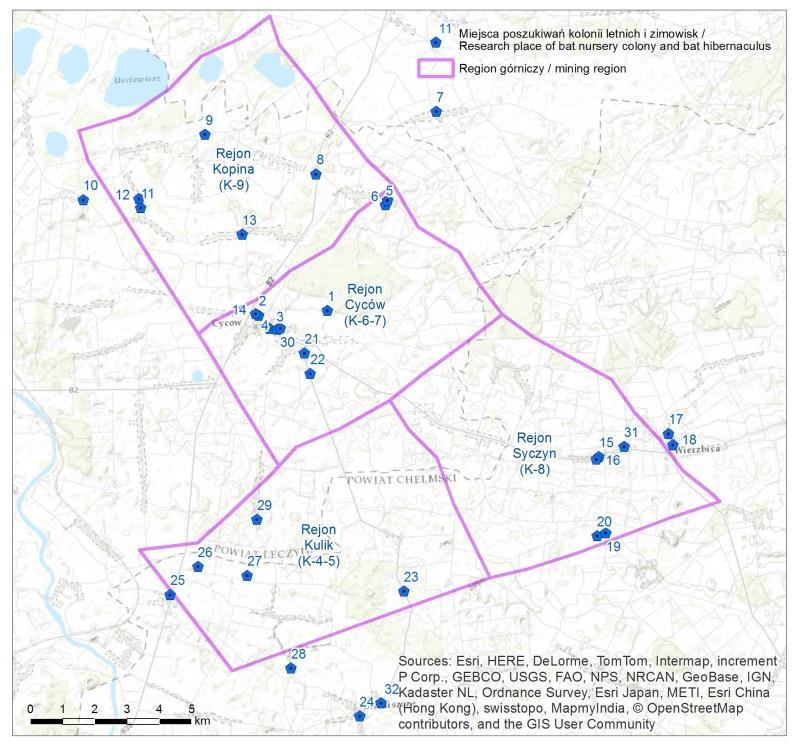 Rycina 4. Mapa poszukiwań kolonii letnich oraz potencjalnych zimowisk. Tabela 93. Wyniki poszukiwań kolonii letnich oraz potencjalnych zimowisk. Lp.