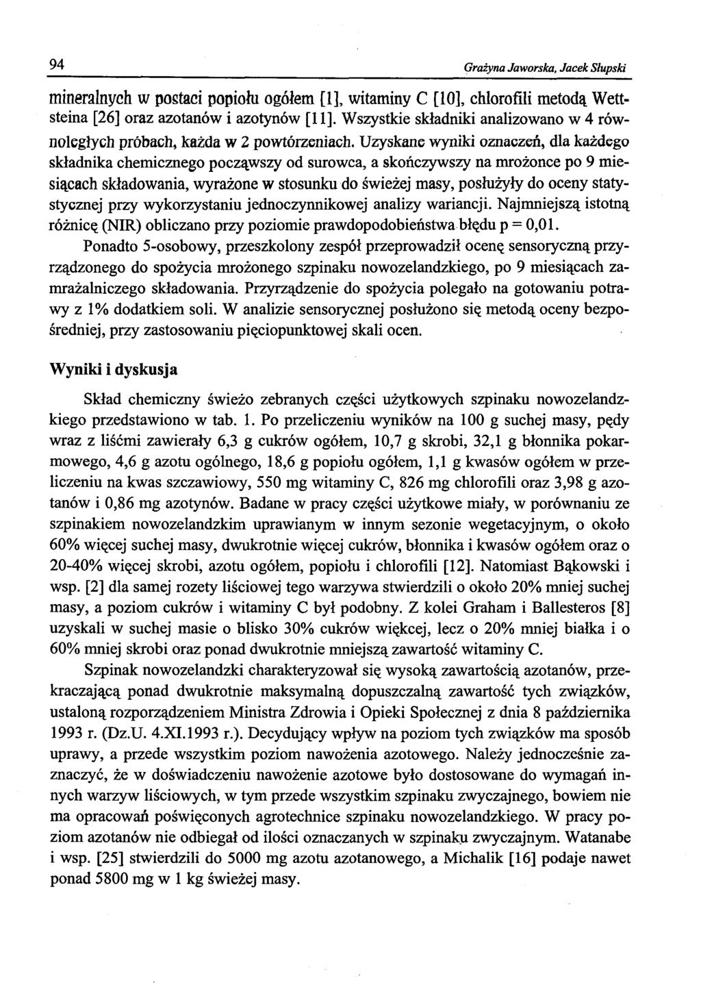 94 Grażyna Jaworska, Jacek Słupski mineralnych w postaci popiołu ogółem [1], witaminy C [10], chlorofili metodą Wettsteina [26] oraz azotanów i azotynów [11], Wszystkie składniki analizowano w 4