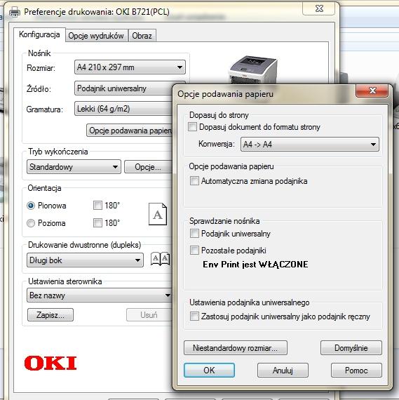 Instalacja sterowników. 1. drukarka OKI serii B70dn Przy instalacji sterownika naleźy wybrać PCL5 (z PCLXL i PCL6W mogą wystąpić błędy).