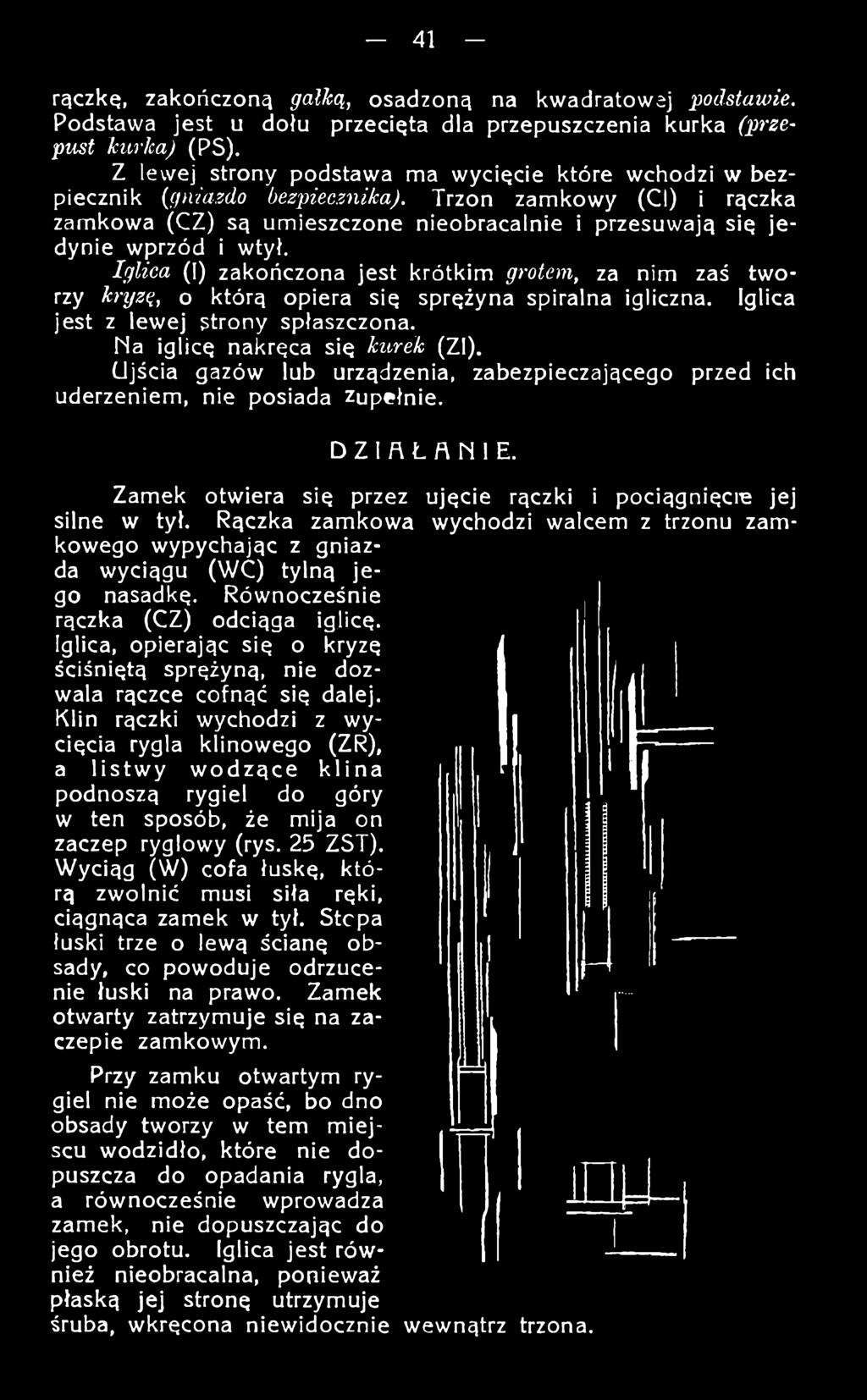 Rączka zamkowa wychodzi walcem z trzonu zamkowego wypychając z gniazda wyciągu (W C) tylną je go nasadkę. Równocześnie rączka (CZ) odciąga iglicę.