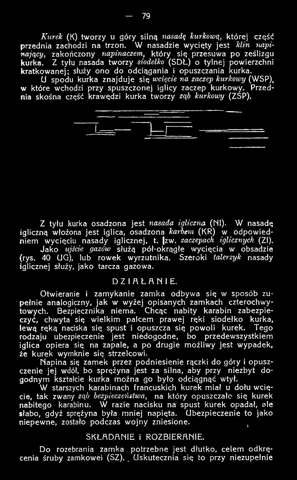 Jako ujście gazów służą pół-okrągłe wycięcia w obsadzie {rys. 40 GQ), lub rowek wyrzutnika. Szeroki talerzyk nasady iglicznej służy, jako tarcza gazowa. DZIAŁANIE.