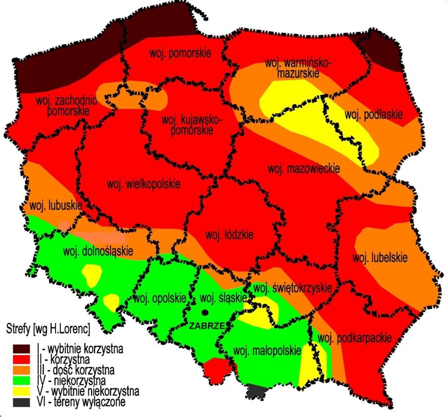 Rysunek 14-1 Strefy energetyczne wiatru na obszarze Polski Źródło: Opracowanie własne na podstawie Mapy prof. H. Lorenc, IMGW, 2001 r.