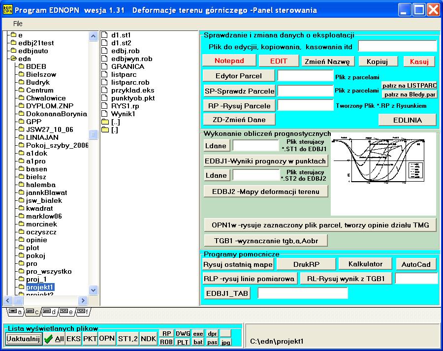 Pakiet programów komputerowych do prognozowania deformacji terenu górniczego - EDBJ-OPN1W Poszczególne programy można wywołać z okna dialogowego programu sterującego EDNOPN.