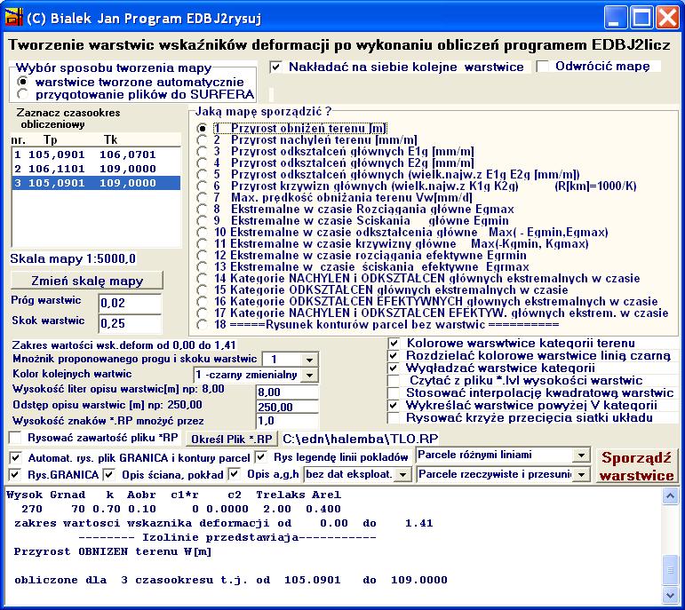 Obsługa programu praktycznie sprowadza się do wyboru numeru czasookresu obliczeniowego oraz określenia, jaki wskaźnik deformacji sporządzić.