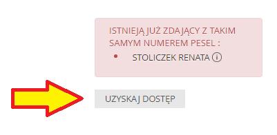 Należy wybrać ikonę z literą i w kółku (jak na poniższym rysunku) widoczną przy imieniu Zdającego aby uzyskać informacje o Zdającym i upewnić się czy jest to właściwa osoba, którą zamierzamy dodać do