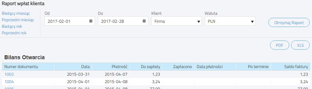 Raport wpłat klienta Ten raport dostarcza informacji na temat dokonanych i oczekiwanych płatności klienta w wybranym okresie czasu. Przedział dat (od do) przedział czasowy raportu.