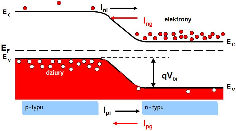 Złącze p-n W stanie równowagi termodynamicznej przez złącze zawsze płynie pewien prąd nośników większościowych, zwanych prądami wstrzykiwania elektronów I ni i dziur I pi które są w stanie pokonać