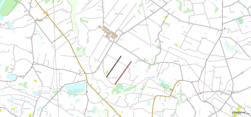 Mapa 3 Transekty wyznaczone dla obserwacji w standardzie MPPL. - kolor czarny transekt 1 - kolor czerwony transekt 2 Cenzus lęgowych gatunków rzadkich i średniolicznych.