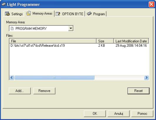 LPT1; w polu Programming mode należy wybrać: ICP OPT Disable - tryb programowania wykorzystujący sygnał zegarowy z programatora ZL17PRG; w takim przypadku wyprowadzenie 9 złącza programatora ICC musi