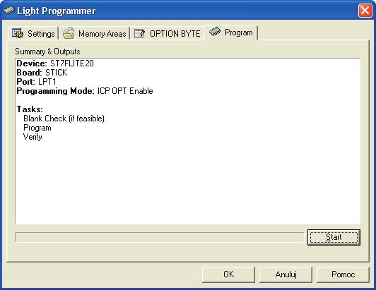 Programowanie wybranych obszarów pamięci nastąpi po naciśnięciu przycisku Start w zakładce